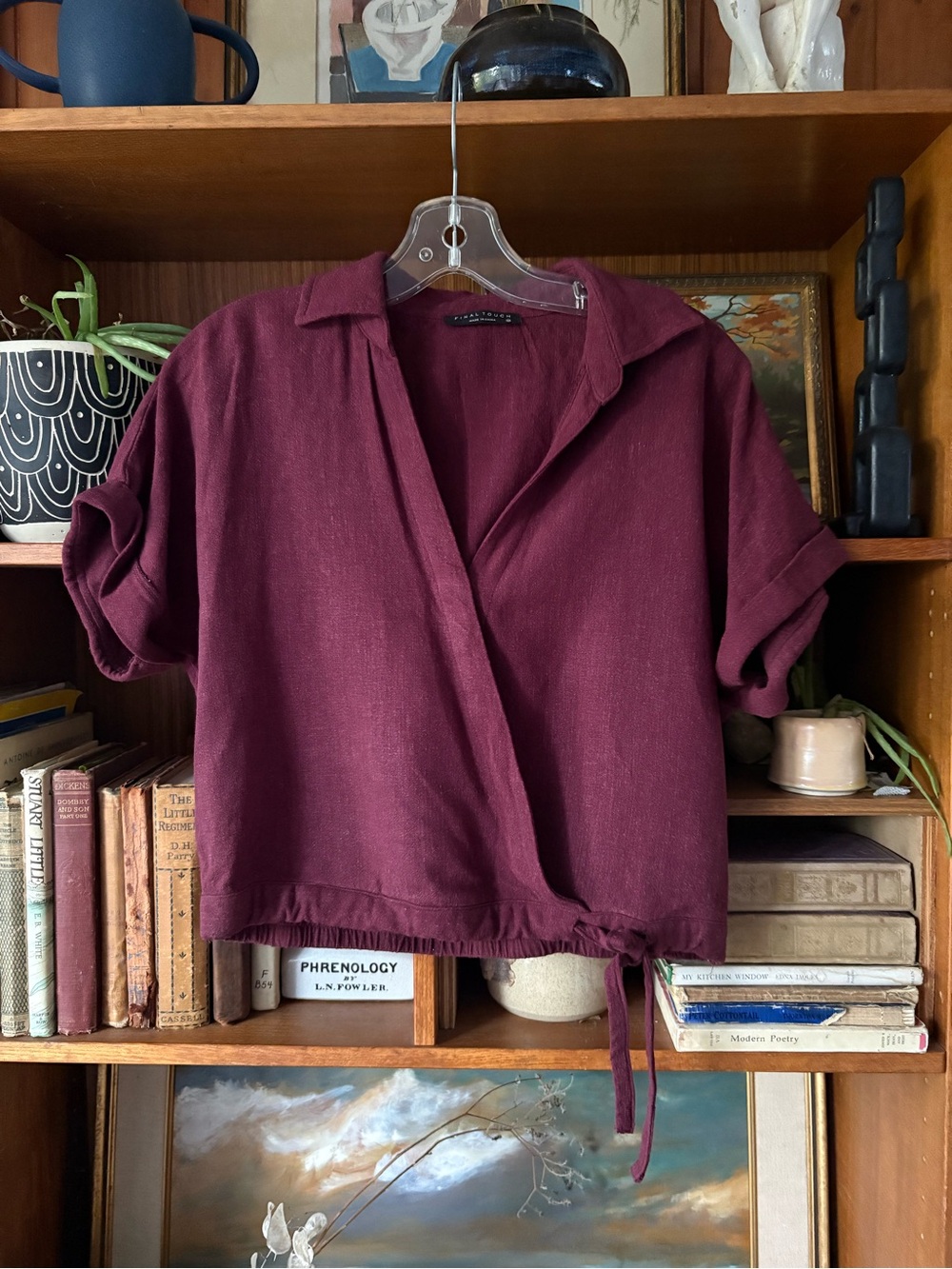 Coastal Grandmother Boho Final Touch Burgundy Linen Blend Wrap Tie Top M